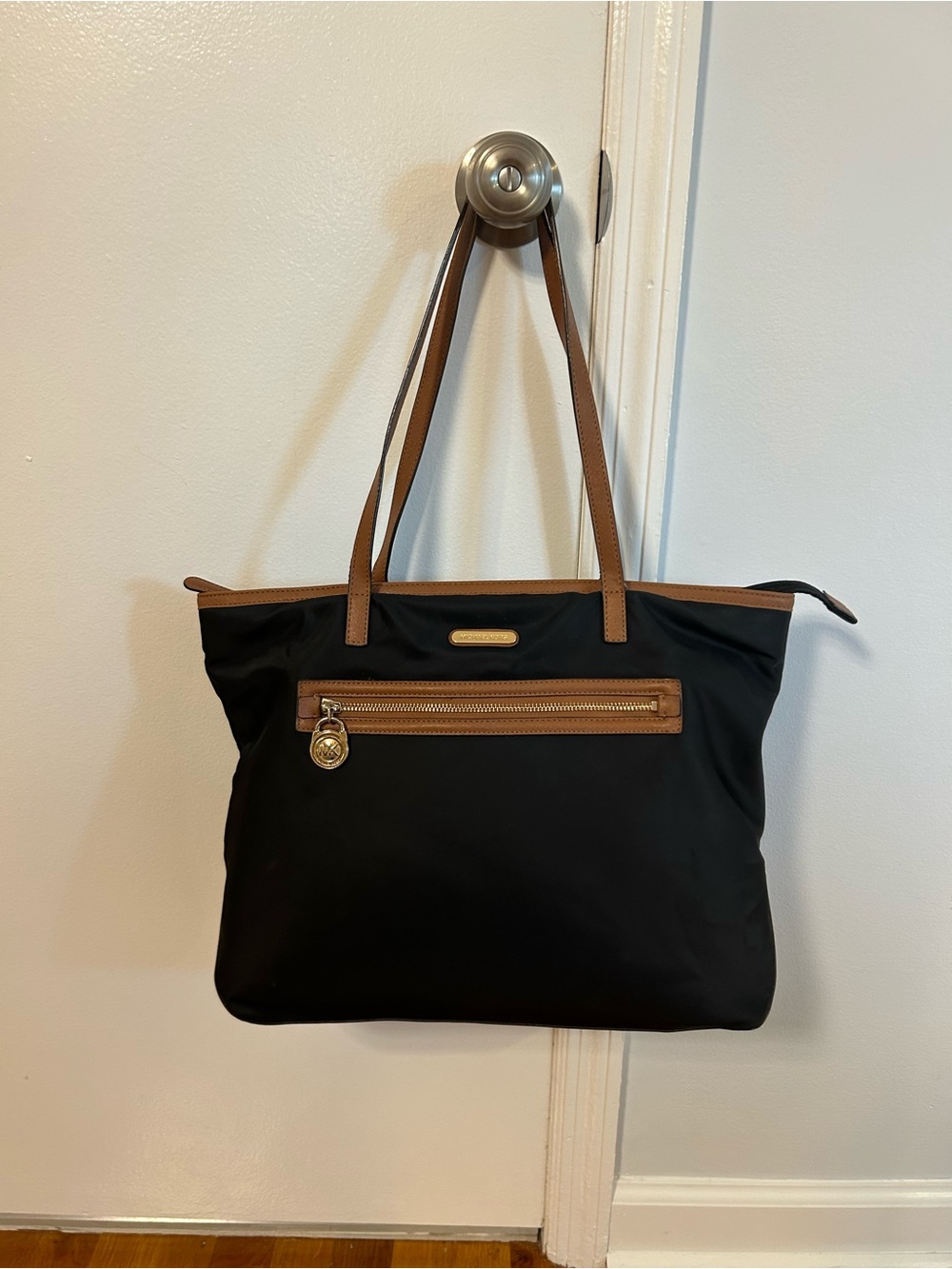 Michael Kors Black Tote with Tan Trim and Handles